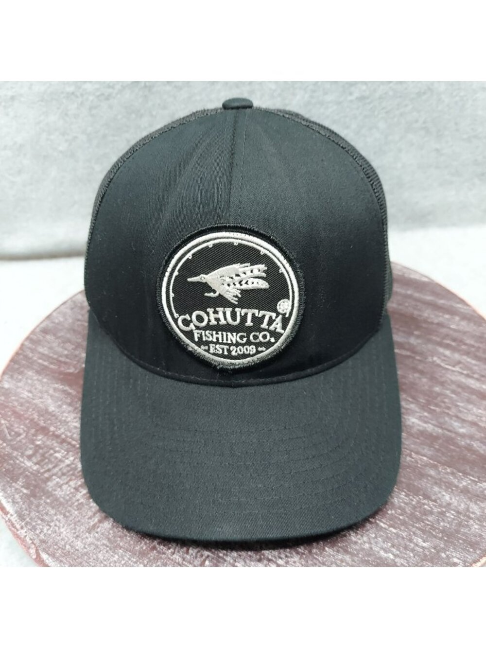 Cohutta‎ Fishing Co. Black Mesh Snapback Trucker Hat With Embroidered Logo Patch